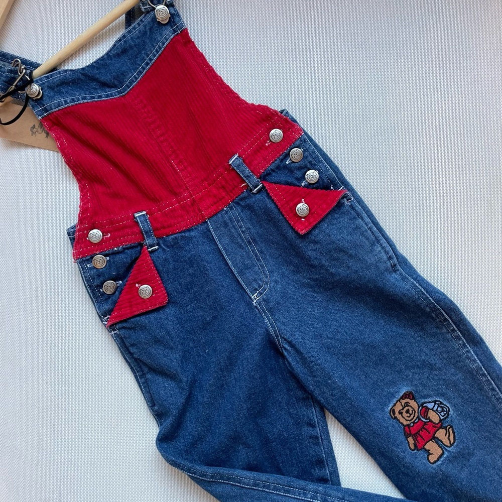 Vintage Kids Denim Overalls with Red Accents